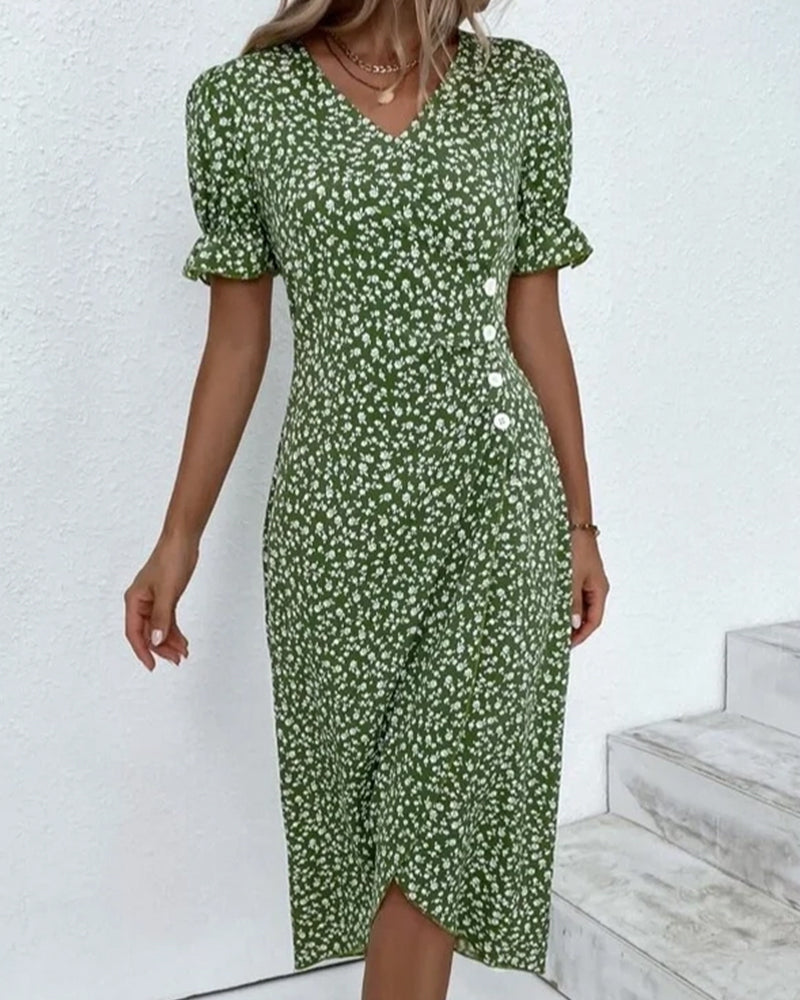 Gloria - Fresh V-Neck Dress with Floral Pattern