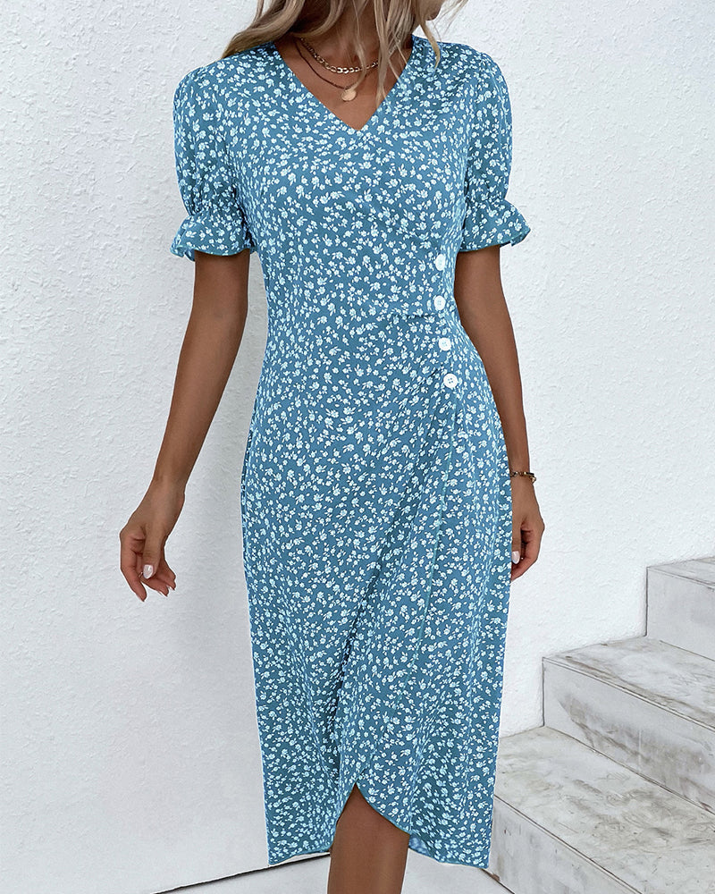 Gloria - Fresh V-Neck Dress with Floral Pattern