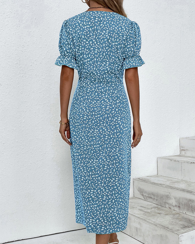 Gloria - Fresh V-Neck Dress with Floral Pattern