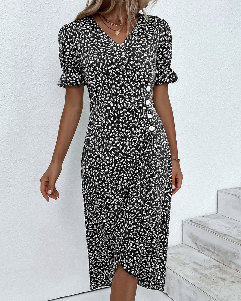 Gloria - Fresh V-Neck Dress with Floral Pattern