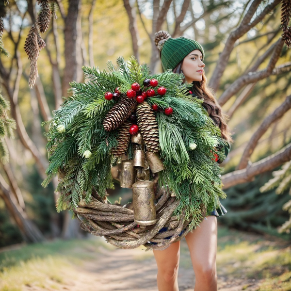 Kerstkrans | Bohemian Stijl | Wintergroen met Dennenappels, Bessen & Gouden Bellen | 45 cm
