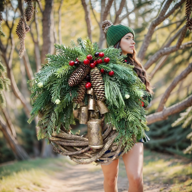 Kerstkrans | Bohemian Stijl | Wintergroen met Dennenappels, Bessen & Gouden Bellen | 45 cm