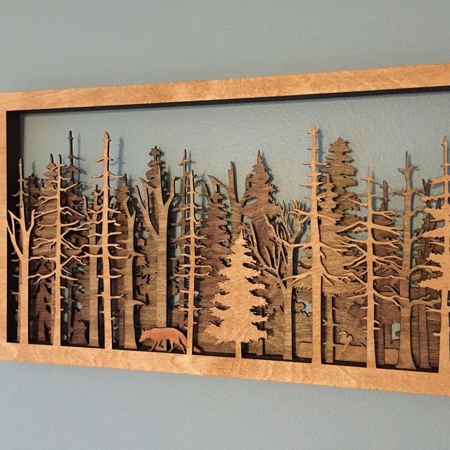 Houten Wanddecoratie Boslandschap | 7 Laags 3D Laser Cut Kunstwerk | Met Vos & Schaduweffect