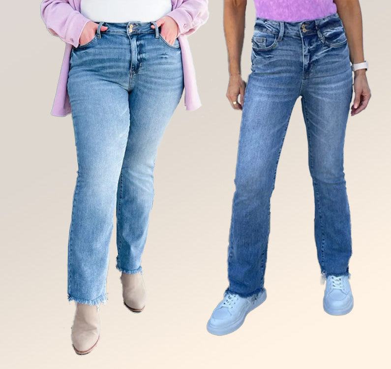 Dames Bootcut Jeans | Hoge Taille | Dubbele Knop & Gerafelde Zoom