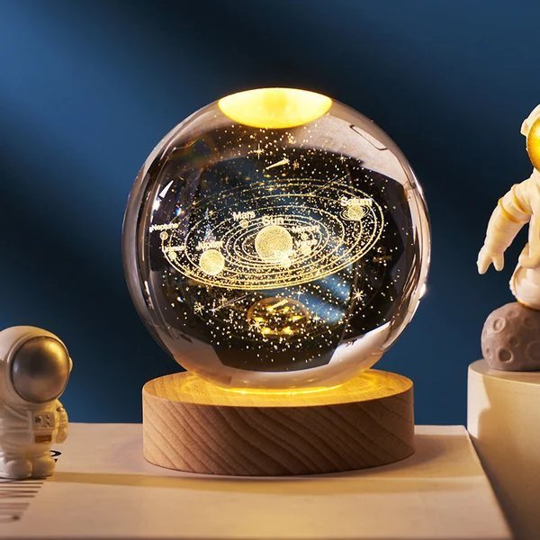 3D kristallen bol zonnestelsel | Lasergravure | Optioneel met LED-lichtbasis & geschenkdoos