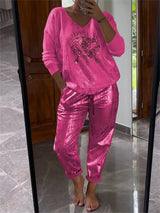 Dames Tweedelige Set | Glitter Top met V-hals & Lange Mouwen | Glanzende Broek | Voorjaar & Zomer
