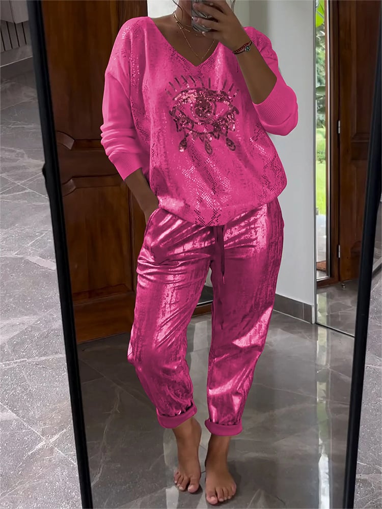 Dames Tweedelige Set | Glitter Top met V-hals & Lange Mouwen | Glanzende Broek | Voorjaar & Zomer