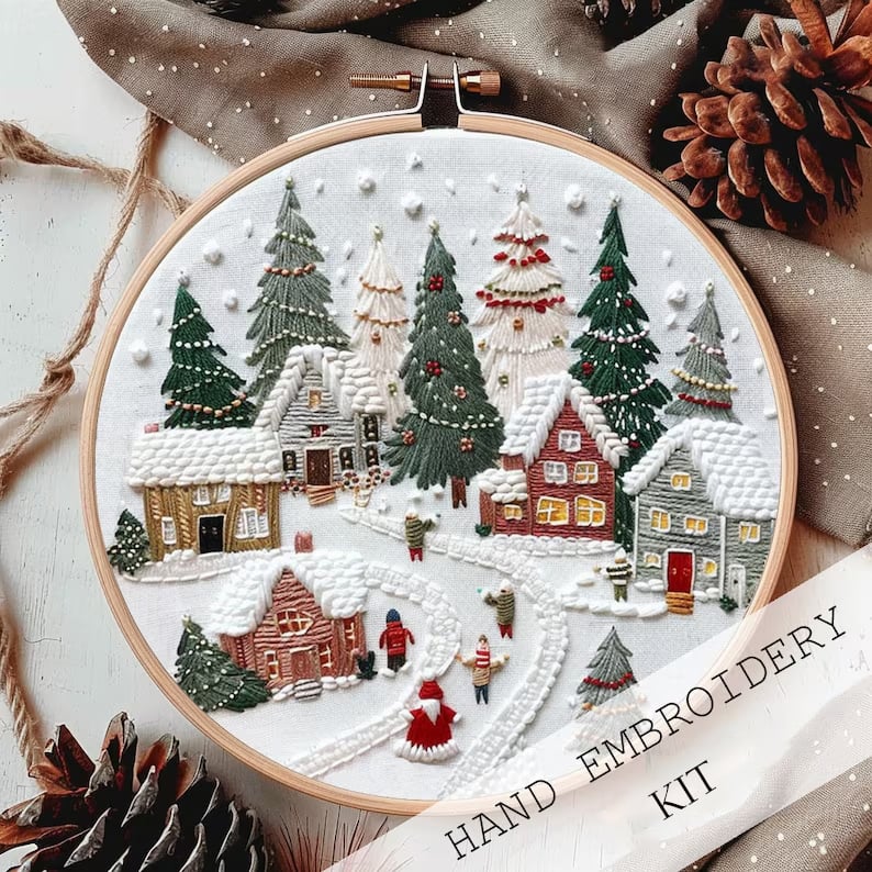 Kerst Borduurpakket | Winterdorp Sneeuwlandschap | Handwerk Set met Ring, Garen en Naalden