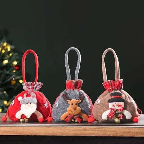 Kerst Cadeauzakjes | Herbruikbare Stoffen Cadeautas | Sneeuwman, Kerstman & Rendier Designs