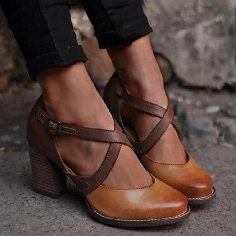 Damen Vintage Blockabsatz Sandale | Kreuzriemen Schnalle