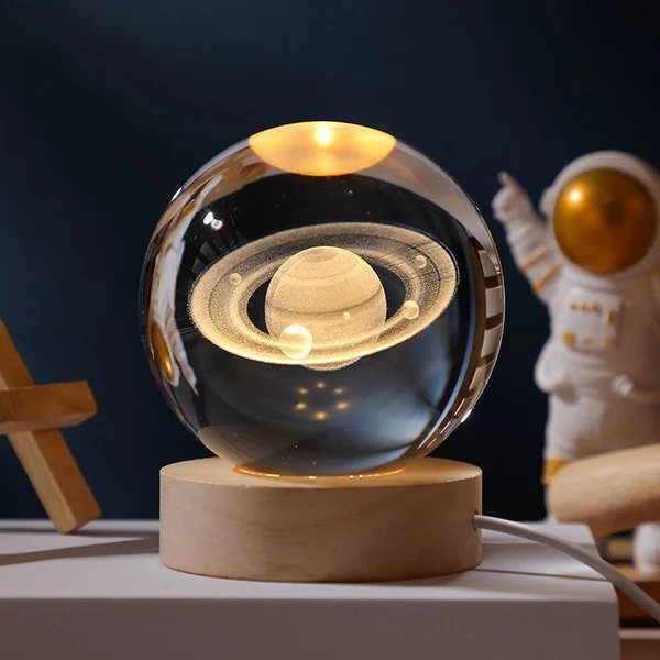 3D kristallen bol zonnestelsel | Lasergravure | Optioneel met LED-lichtbasis & geschenkdoos