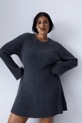Dames Ribgebreide Jurk | Ronde Hals | Lange Mouwen | Slanke Pasvorm