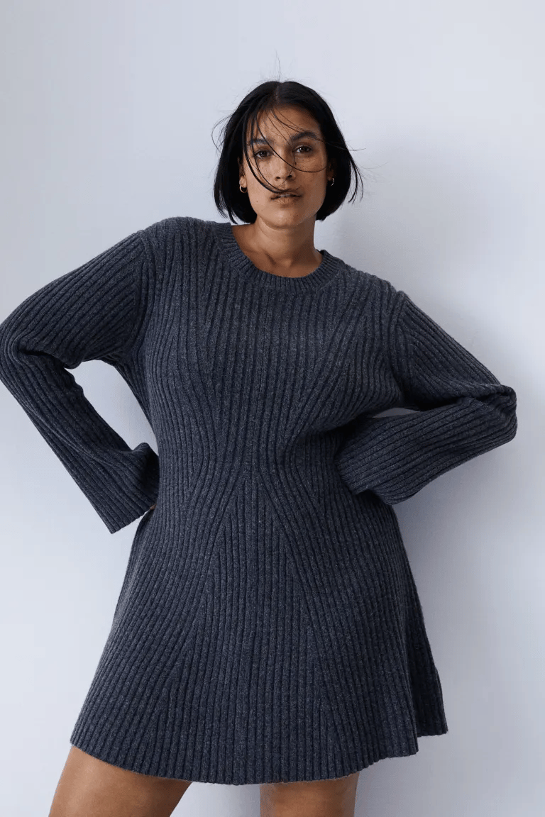 Dames Ribgebreide Jurk | Ronde Hals | Lange Mouwen | Slanke Pasvorm