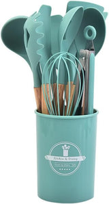 Siliconen Kookgerei Set | Hittebestendig | Houten Handvatten | 12-delig