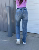 Dames Bootcut Jeans | Hoge Taille | Dubbele Knop & Gerafelde Zoom