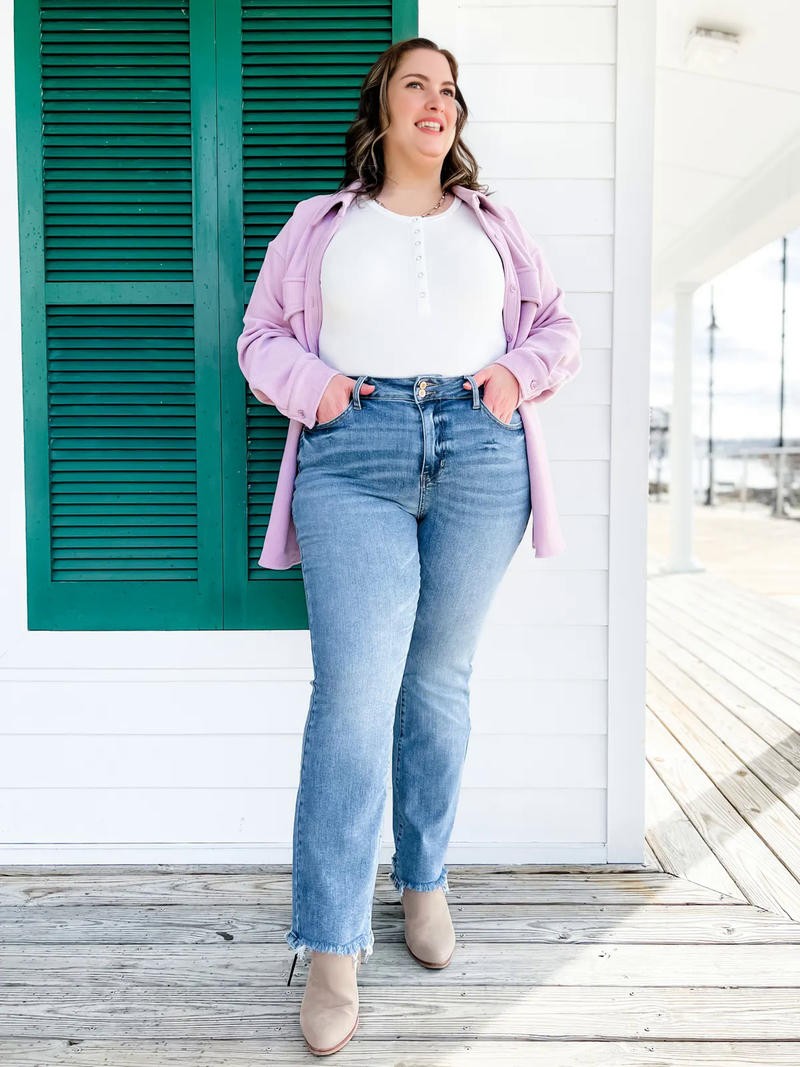 Dames Bootcut Jeans | Hoge Taille | Dubbele Knop & Gerafelde Zoom