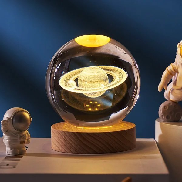 3D kristallen bol zonnestelsel | Lasergravure | Optioneel met LED-lichtbasis & geschenkdoos
