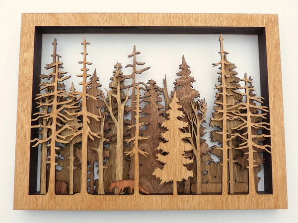 Houten Wanddecoratie Boslandschap | 7 Laags 3D Laser Cut Kunstwerk | Met Vos & Schaduweffect
