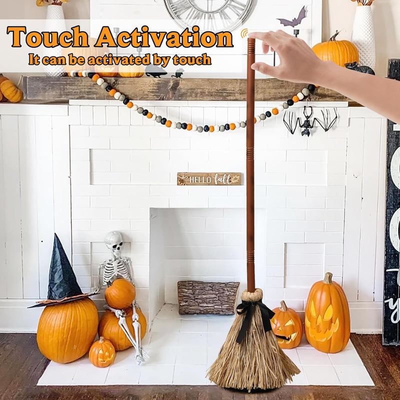 Halloween Bezem Decoratie | Zwevend & Lachend | Geluids- en Aanraak Geactiveerd | Kunststof | 120 cm