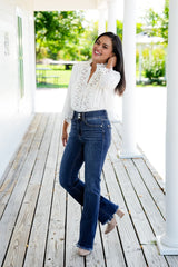 Dames Bootcut Jeans | Hoge Taille | Dubbele Knop & Gerafelde Zoom