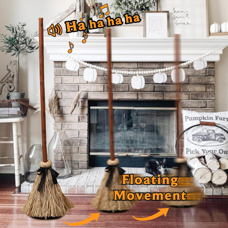 Halloween Bezem Decoratie | Zwevend & Lachend | Geluids- en Aanraak Geactiveerd | Kunststof | 120 cm