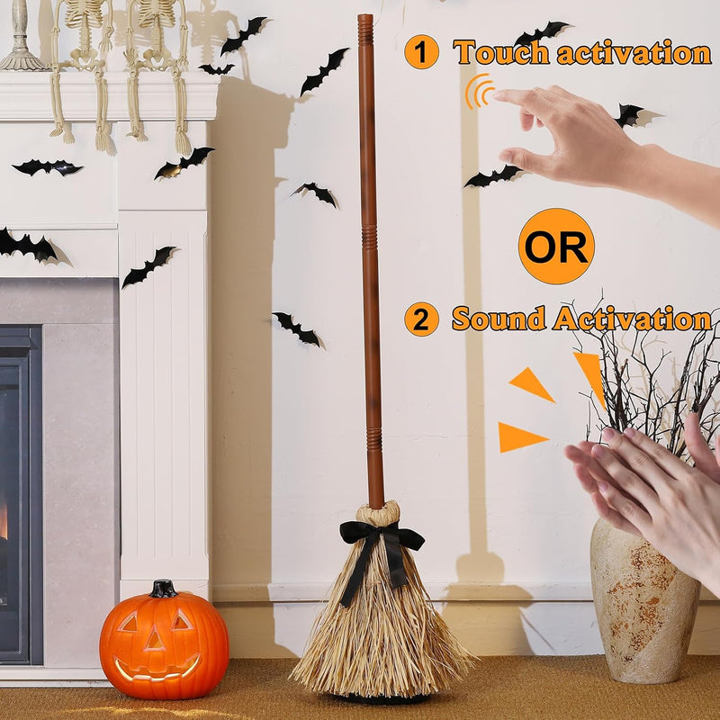 Halloween Bezem Decoratie | Zwevend & Lachend | Geluids- en Aanraak Geactiveerd | Kunststof | 120 cm