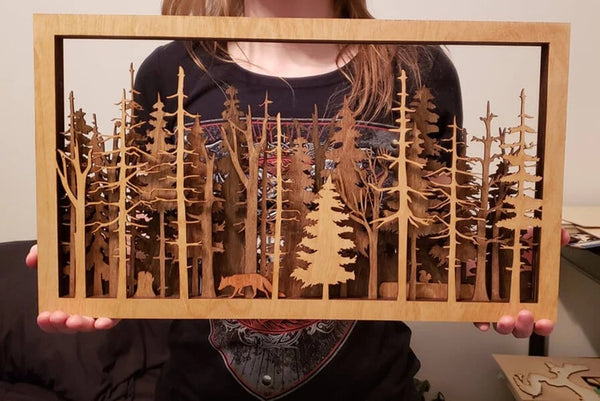 Houten Wanddecoratie Boslandschap | 7 Laags 3D Laser Cut Kunstwerk | Met Vos & Schaduweffect