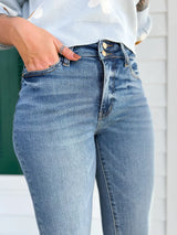 Dames Bootcut Jeans | Hoge Taille | Dubbele Knop & Gerafelde Zoom