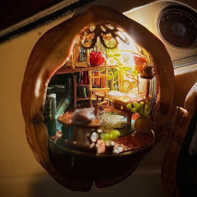 Miniatuur Huisje Cadeau | Handgemaakt uit Walnootschelp | Met Verlichting & Cadeauverpakking