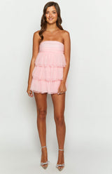 Dames Mini Jurk | Strapless | Roze | Ruches & Gelaagd Design