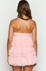 Dames Mini Jurk | Strapless | Roze | Ruches & Gelaagd Design