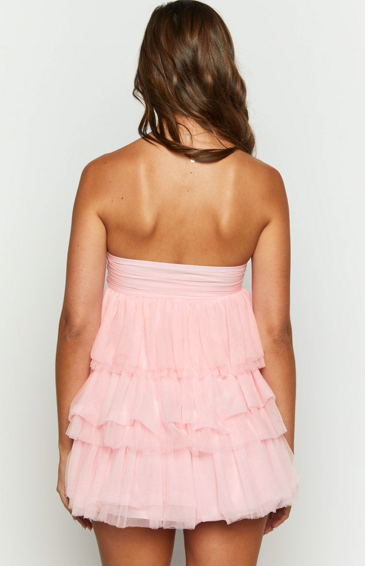 Dames Mini Jurk | Strapless | Roze | Ruches & Gelaagd Design