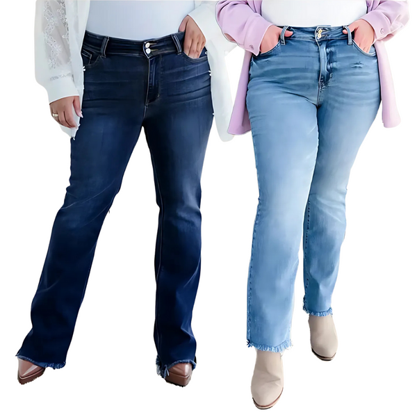Dames Bootcut Jeans | Hoge Taille | Dubbele Knop & Gerafelde Zoom
