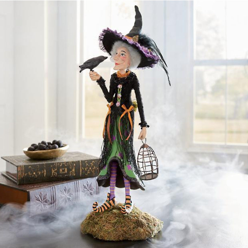 Halloween Heks Beeldje | Handgemaakt Resin | Mossige Standaard | 46 cm Hoog