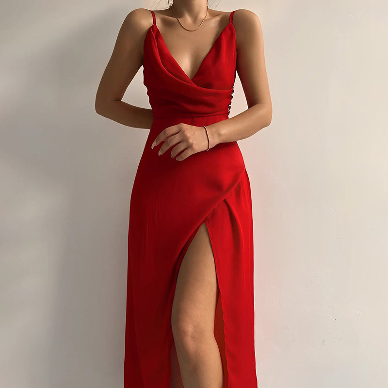 Adriana™ | Dames Satijnen Maxi-Jurk | Verleidelijk met Diepe V-Hals, Spaghettibandjes en Hoge Split