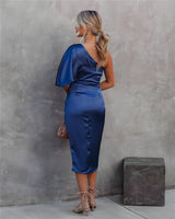 Amaya™ | Dames Satijnen One-Shoulder Cocktailjurk | Elegante Midi-Jurk met Split
