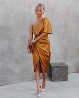 Amaya™ | Dames Satijnen One-Shoulder Cocktailjurk | Elegante Midi-Jurk met Split