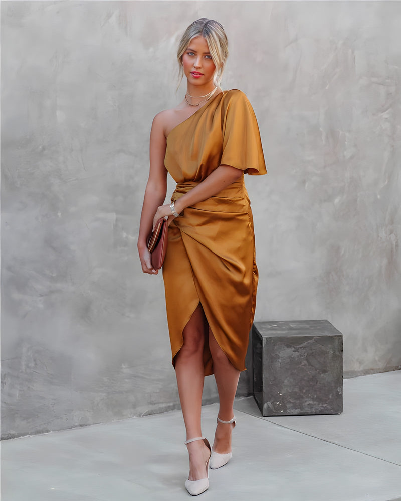 Amaya™ | Dames Satijnen One-Shoulder Cocktailjurk | Elegante Midi-Jurk met Split