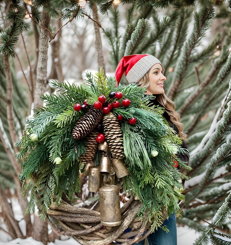 Kerstkrans | Bohemian Stijl | Wintergroen met Dennenappels, Bessen & Gouden Bellen | 45 cm