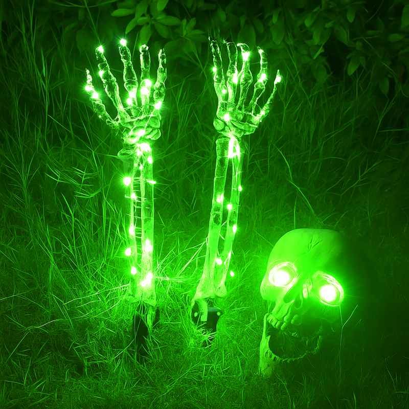 Halloween Tuinverlichting | Glow-in-the-Dark Schedel met Handen | 8 Lichtstanden | Weerbestendig