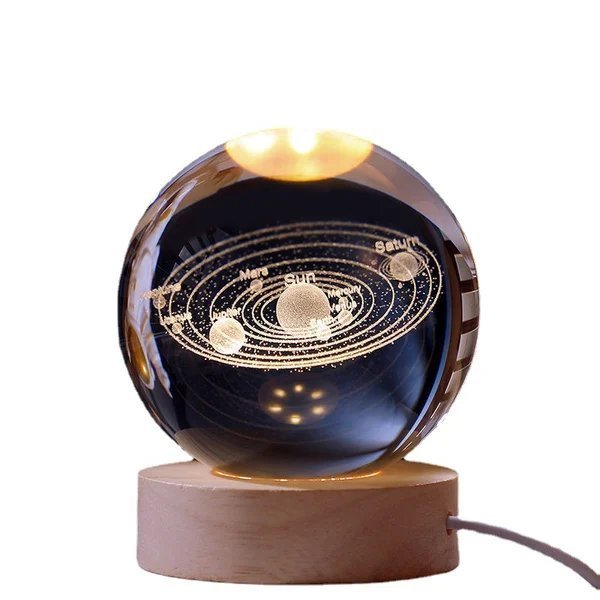 3D kristallen bol zonnestelsel | Lasergravure | Optioneel met LED-lichtbasis & geschenkdoos