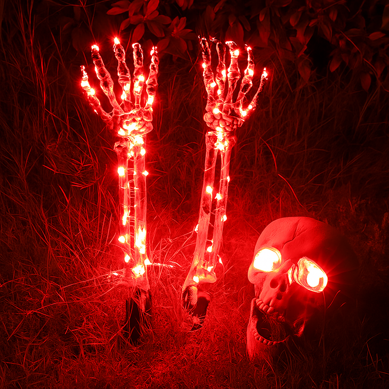 Halloween Tuinverlichting | Glow-in-the-Dark Schedel met Handen | 8 Lichtstanden | Weerbestendig