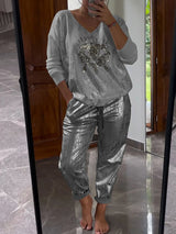 Dames Tweedelige Set | Glitter Top met V-hals & Lange Mouwen | Glanzende Broek | Voorjaar & Zomer