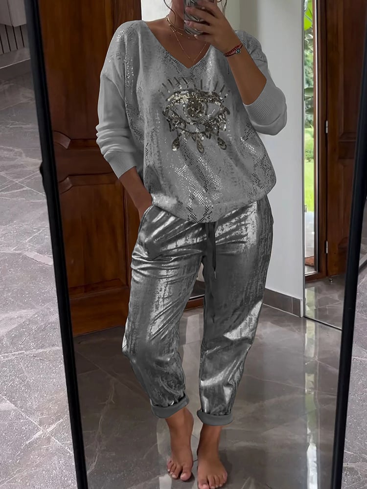Dames Tweedelige Set | Glitter Top met V-hals & Lange Mouwen | Glanzende Broek | Voorjaar & Zomer