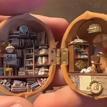 Miniatuur Huisje Cadeau | Handgemaakt uit Walnootschelp | Met Verlichting & Cadeauverpakking