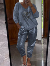 Dames Tweedelige Set | Glitter Top met V-hals & Lange Mouwen | Glanzende Broek | Voorjaar & Zomer