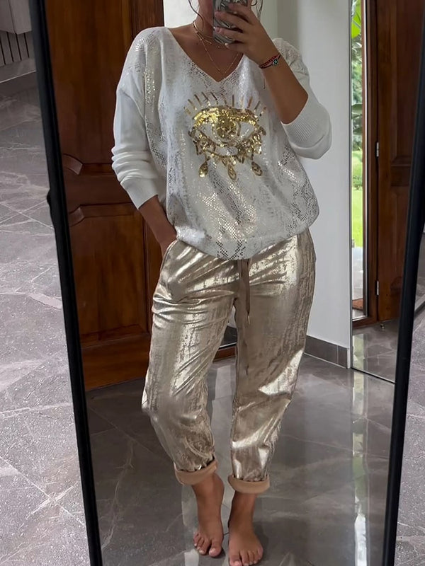 Dames Tweedelige Set | Glitter Top met V-hals & Lange Mouwen | Glanzende Broek | Voorjaar & Zomer