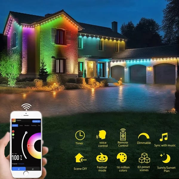 FeestGlans™ | Slimme Permanente Buitenverlichting | Wi-Fi & Bluetooth LED Verlichting | Waterdicht IP65 | Voor Huis, Tuin & Feestdagen