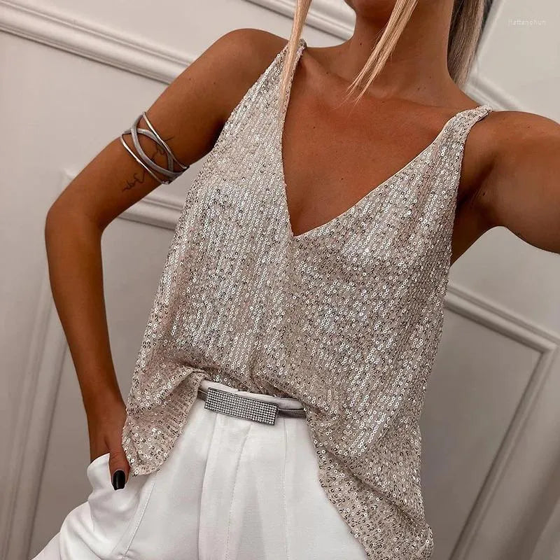 ShineVista™ – Elegant Sequin Top met V-hals voor Vrouwen