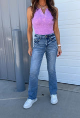 Dames Bootcut Jeans | Hoge Taille | Dubbele Knop & Gerafelde Zoom